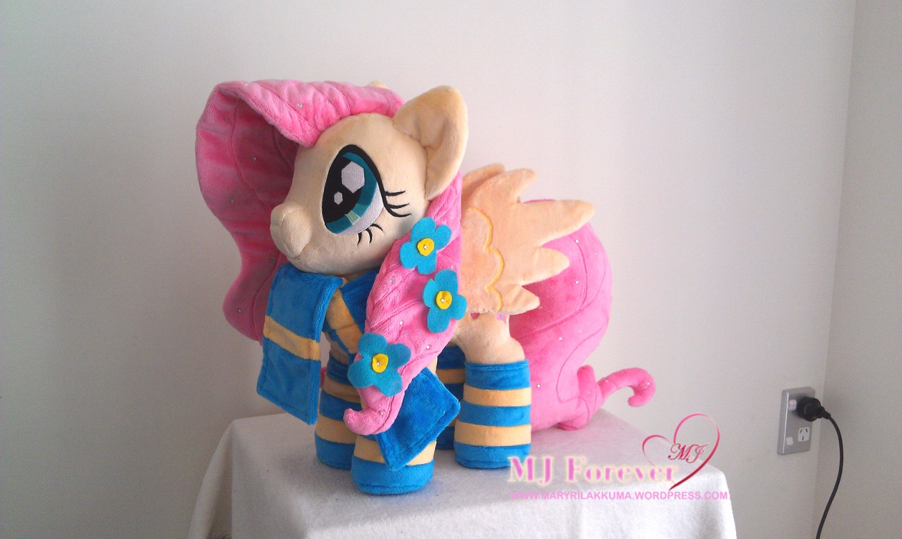 Crystal Pony Fluttershy plushie by Burzurk, wearing Rainbow Dash's gift!