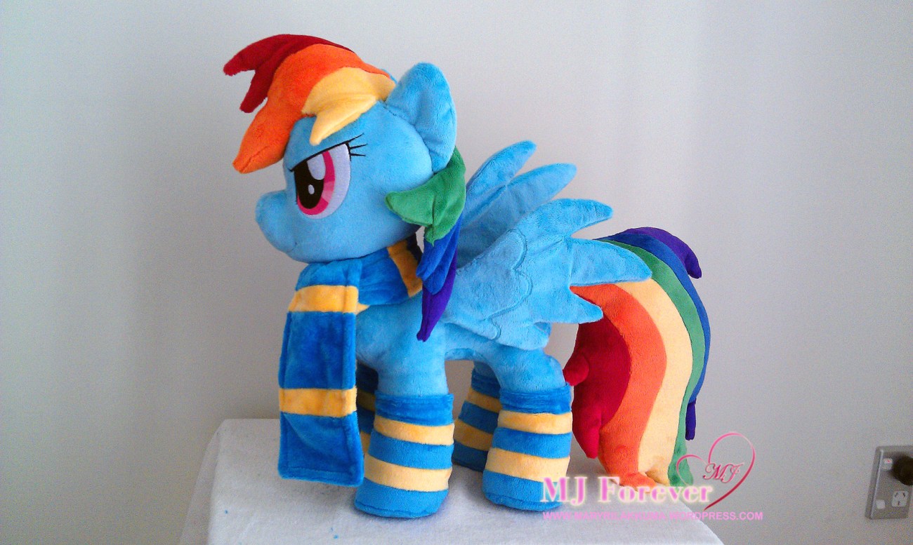 Rainbow Dash plushie wearing her Wonderbolts themed gift by Burzurk.  Doesn't she look 20% cooler?!